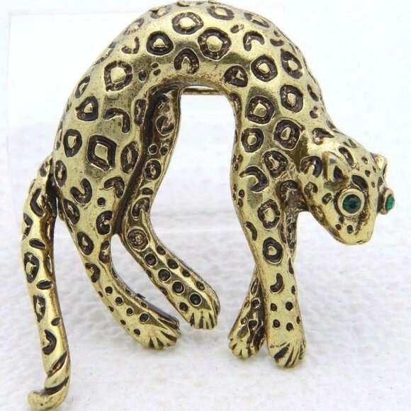 Gold Tone Black Enamel Cheetah Green Rhinestone - Picture 1 of 5
